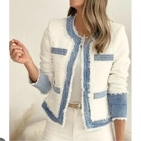 NEW NANETTE NANETTE LEPORE Frayed Tweed & Denim Jacket blazer - Picture 5 of 12